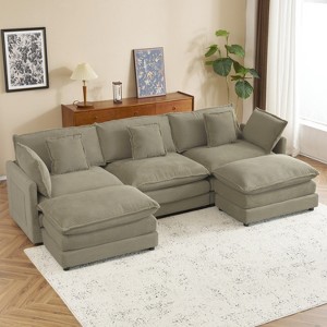 Whisen 112" Modern Design Modular Sofa Couch Upholstered Corduroy L-Shape Sectional Sofa with Two Movable Ottomans and Side Storage Pockets - 1 of 4