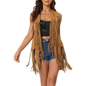 INSPIRE CHIC Women's Faux Suede Casual Sleeveless Tassels Open Front Cardigan - 1 of 4