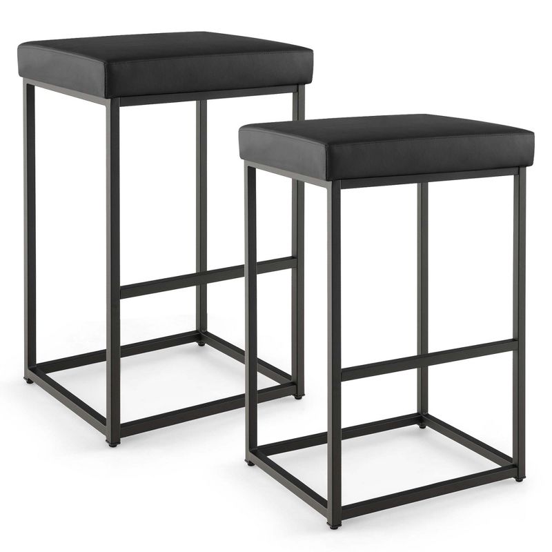 Costway 30" Barstools Set of 2 Upholstered Bar Height Chairs PU Leather w/Footrest Brown/Black/Grey, 1 of 8