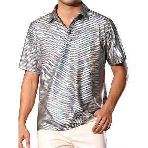 Lars Amadeus Men's Sparkle Dots Printed Short Sleeves Shiny Golf Metallic Polo Shirts - 1 of 4