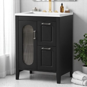 Mshliw 24" Bathroom Vanity with Smooth Ceramic Sink, Cabinet with Door & Two Drawers, Adjustable Shelf, Solid Wood & MDF Construction - 1 of 4