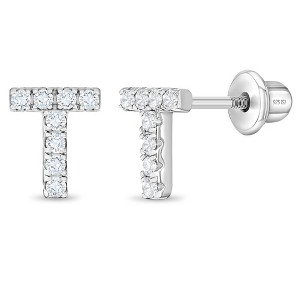 Girl's Cubic Zirconia Letter Initial Screw Back Sterling Silver Earrings - In Season Jewelry - 1 of 4
