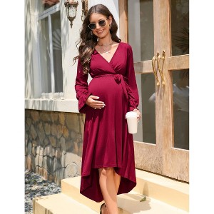 Coolmee Women Maternity V Neck Long Sleeve Waist Tie Irregular Hem Wrap Midi Dress For Photoshoot Baby Shower - 1 of 4