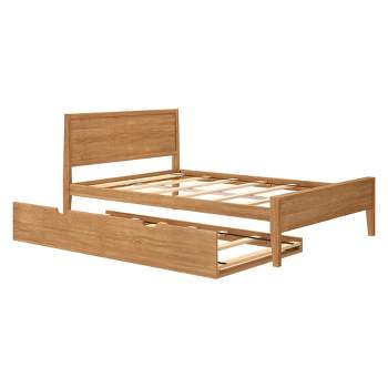 Max & Lily Kids Full Bed with Trundle, Solid Wood Bed Frame with Panel Headboard, Wood Slat Support, No Box Spring Needed