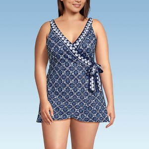 Lands' End Women's Plus Size Side Tie Mini Swim Dress Swimsuit - 22w - Seashell Geo/Navy Border
