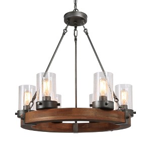 LNC Laius 24.8-in Farmhouse Wagon Wheel Chandelier with Seeded Glass Shades, Silver and Wood Finish, 6-Light - 1 of 4