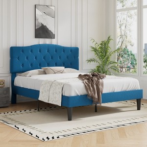 VECELO Upholstered Bed Wooden Platform Bed with Velvet Adjustable Headboard No Box Spring Neededs Frame - 1 of 4