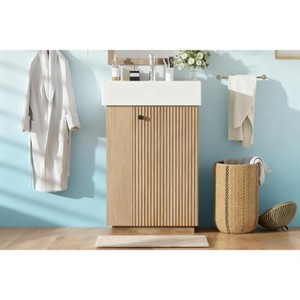 21.6" bathroom vanity with ceramic sink, freestanding modern right door wood grain cabinet with open and closed storage for small bathrooms - 1 of 4