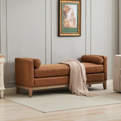 66.34" W Elegant Upholstered Bench,Daybed,PU Upholstered Ottoman Bench With Wood Legs And 2 Bolster Pillows,Bedroom Indoor Bench-Cuddlewood
