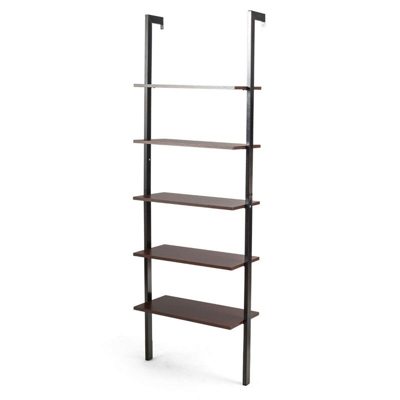 Costway 5-Tier Ladder Shelf Wood Wall Mounted Display Bookshelf Metal Frame Brown & Black/Brown & White/Bronze, 1 of 11