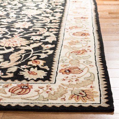 Black and Ivory Floral Hand-Hooked Rectangular Area Rug