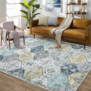 Machine Washable Moroccan Trellis Rug, Stain Resistant & Non-Slip, Vintage Floral Farmhouse Carpet for Dining Room, Bedroom - 1 of 4