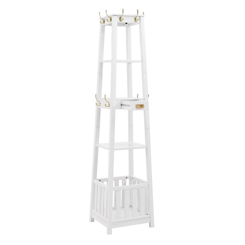 Peggy Transitional 10 Hooks 3 Shelves and a Drawer Pyramid Hall Tree Umbrella Storage White - Linon, 2 of 8