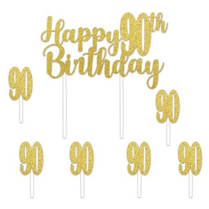 Beistle Pack of 2 Happy "90th" Birthday Cake Toppers and 12 "90" Picks Gold - 1 of 2