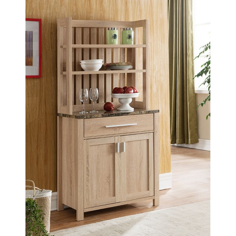 FC Design Two-Toned Kitchen Baker's Rack Utility Storage Cabinet with Drawer and Faux Marble Top in Weathered White Finish, 2 of 4
