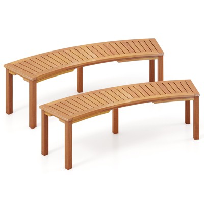 Tangkula Outdoor Curved Bench Set of 2 Acacia Wood Fire Pit Bench w/Slatted Seat Patio Backless 2-Person Seating for Porch Yard