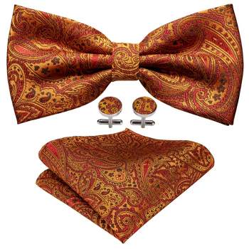Men's Orange Paisley 100% Silk Pre-Tied adjustable Bow Tie Pocket Square Cufflinks Set