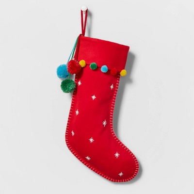 Felt Snowflake Christmas Stocking Red with Multicolored Pom Pom - Wondershop™
