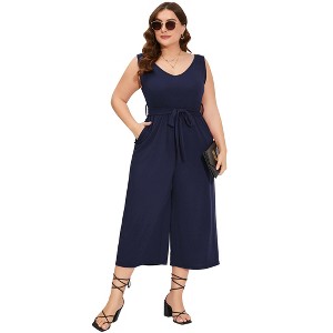 Women's Plus Size V Neck Ruffle Sleeve Belted Wide Leg Pants Summer Casual Long Jumpsuit Rompers - 1 of 4