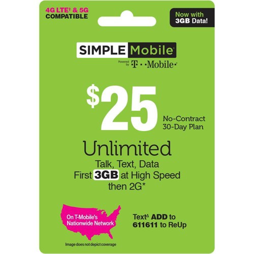 Simple Mobile $25 Unlimited Talk Text Data Prepaid Card (Email Delivery)