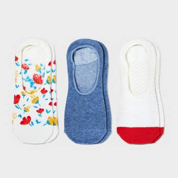 Women's 3pk Fluttering Floral Print Liner Socks - A New Day™ Ivory/Denim/Orange 4-10