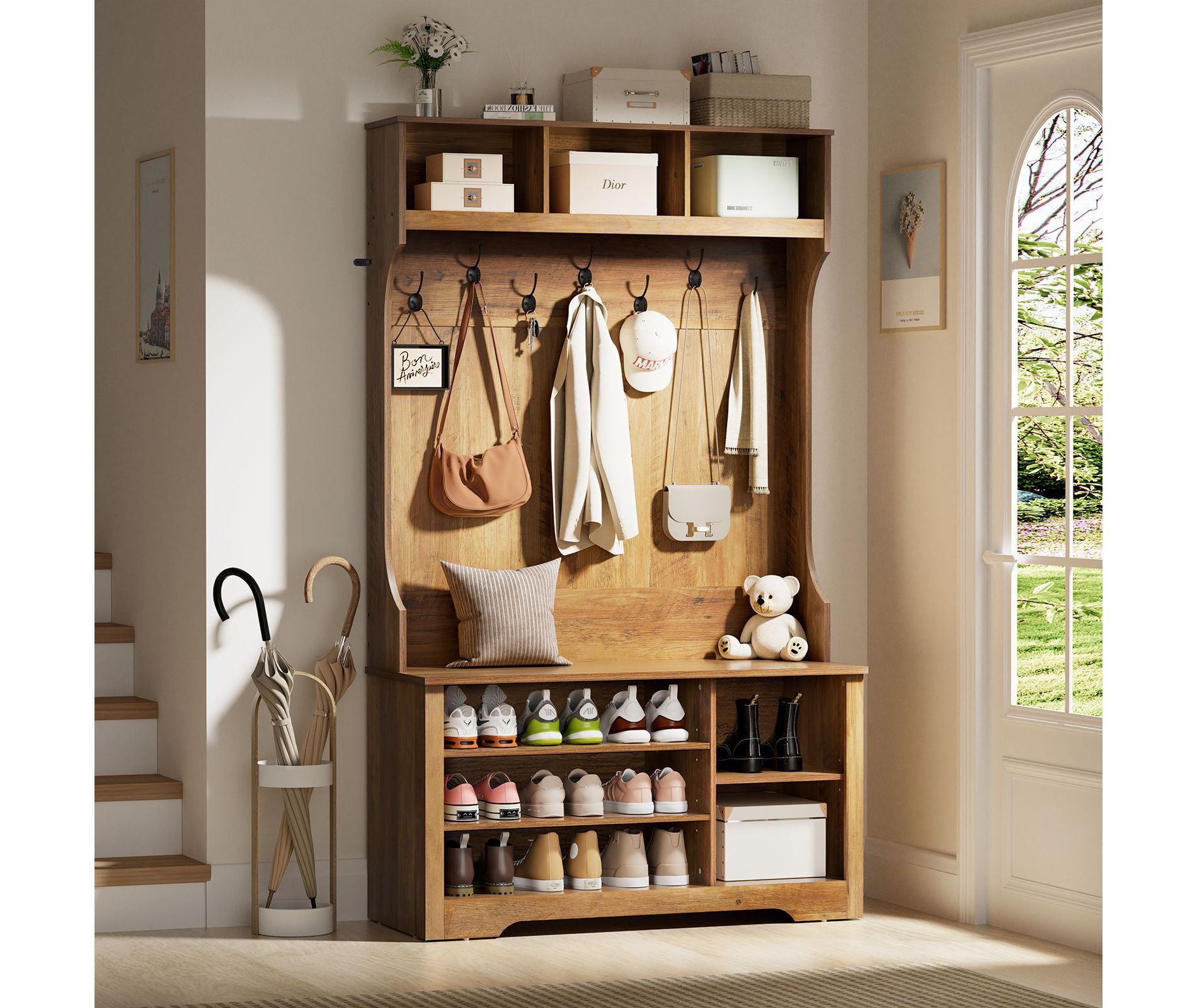 Hommpa 7 Tri-Hooks LED Entryway Hall Tree with Storage Bench, Coat Hooks & Shoe Cabinet
