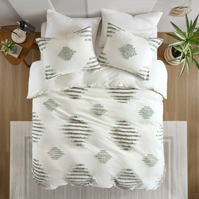 Tahli Green and Ivory Cotton Blend Chenille King Duvet Cover Set