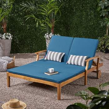 Perla Acacia Wood Double Chaise Lounge Teak/Blue - Christopher Knight Home