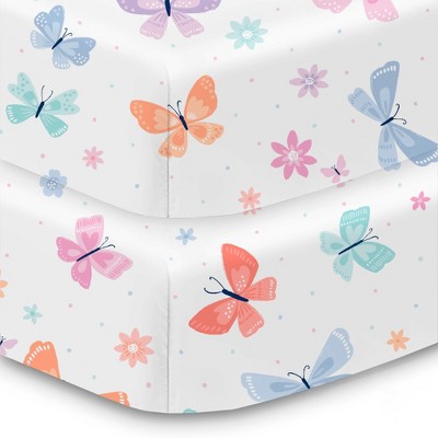 BreathableBaby Cotton Percale Fitted Sheet, For 52" x 28" Crib & Toddler Bed Mattress, AFB Butterflies (2-Pack)