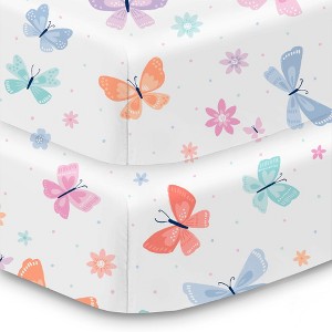 BreathableBaby Cotton Percale Fitted Sheet, For 52" x 28" Crib & Toddler Bed Mattress, AFB Butterflies (2-Pack) - 1 of 4
