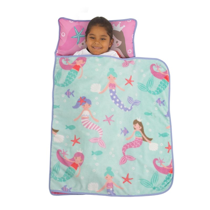 Everything Kids Pink and Aqua Mermaid Toddler Nap Mat with Pillow and Blanket, 1 of 5