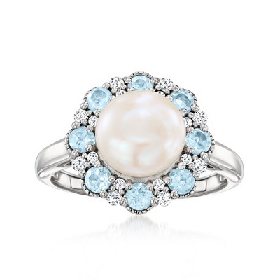 Ross-Simons 8-8.5mm Cultured Pearl Ring With .70 ct. t.w. Sky Blue Topaz and .15 ct. t.w. Diamonds in Sterling Silver