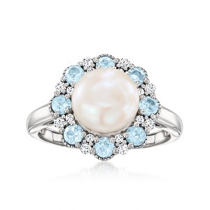 Ross-Simons 8-8.5mm Cultured Pearl Ring With .70 ct. t.w. Sky Blue Topaz and .15 ct. t.w. Diamonds in Sterling Silver - 1 of 4
