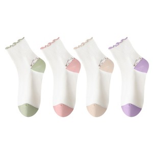 Anna-Kaci 4 Pairs Mid-Crew Ruffle Trim Socks with Contrast Toe Heel and Cat Embroidery Design - 1 of 4