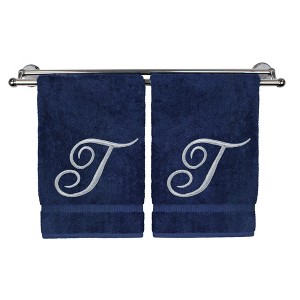 BC BARE COTTON Monogrammed Hand Towel, 100% Turkish Cotton - Set of 2 - Navy - Silver Script - 1 of 1