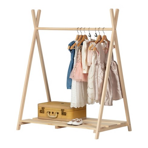 PETKABOO Kids Clothing Rack, Baby Clothes Rack, Freestanding Clothing Rack  with Storage Shelf & Hanging Rod, Stable Triangular Frame, 100% Natural