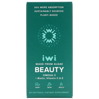 iwi Beauty - Vegan Algea Omega 3 + Biotin, Vitamin C & E, Hyaluronic Acid, Zinc - 30 Day Supply, Dietary Supplements