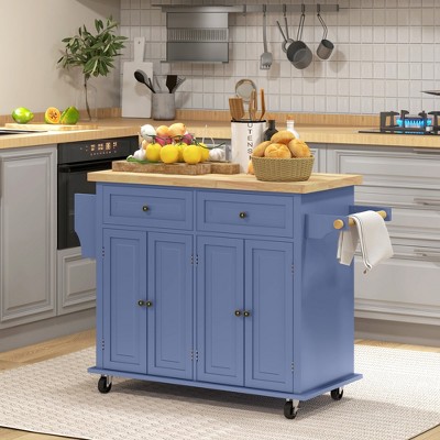 Navy Blue Rubberwood Kitchen Cart with Spice Rack and Storage