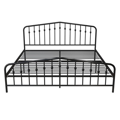 King-Sized Black Pine and Metal Upholstered Bed with Storage Drawer