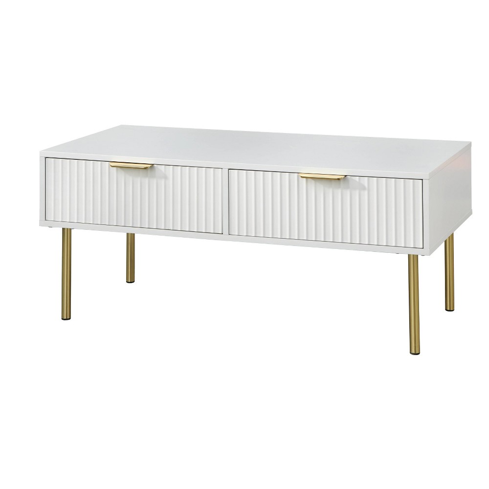 Lifestorey Russo Channel Front Coffee Table with 2 Drawers White: Modern Rectangular Design, MDF Laminate Finish, Storage
