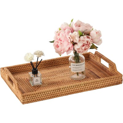 BRINJOY 17" Rectangular Woven Tray - Bohemian Handwoven Rattan Coffee Table Tray with Handles