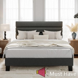 Jojoka Platform Bed Frame with Adjustable Upholstered Headboard – Linen Fabric, Wood Slats, No Box Spring Needed, Easy Assembly - 1 of 4