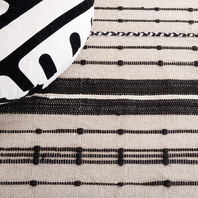 Boho-Chic Black and Beige Striped Kilim 6' Square Wool Rug