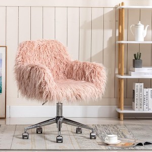 QingMoon Fluffy Office Chair, Adjustable Desk Chair, Faux Fur Computer Chair, Swivel Vanity Chair with Chrome Base for Living Room, Study - 1 of 4