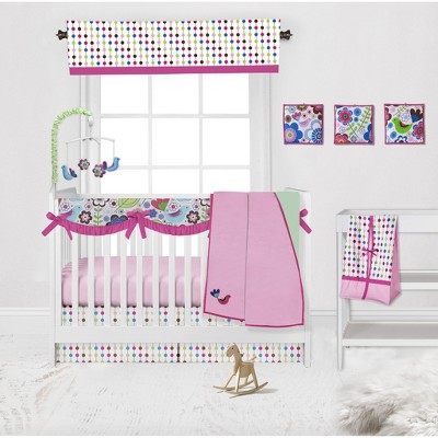 Bacati - Botanical Floral Birds Pink Multicolor 10 pc Crib Bedding Set with Long Rail Guard Cover