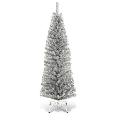 Tangkula 6'Silver Slim Pencil Tree Tinsel Unlit Christmas Tree Artificial 520 Branch Tip