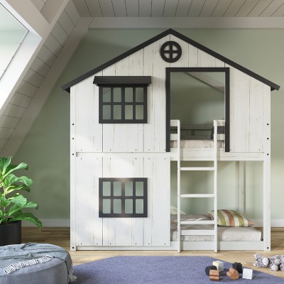 Child Craft Modern Farmhouse Twin Over Twin Bunk Bed for Kids, Low Wooden Montessori Bunk Bed, Easy to Access Ladder to Top Bunk, Non-Toxic