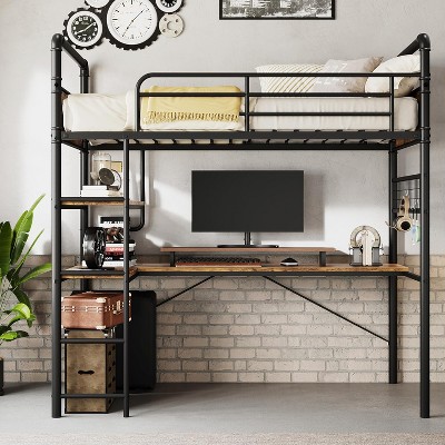 Loft Bed with L-Shaped Desk & Storage Shelf, Heavy Duty Metal Frame for Adults, Space Saving Design