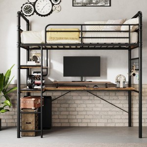 Loft Bed with L-Shaped Desk & Storage Shelf, Heavy Duty Metal Frame for Adults, Space Saving Design - 1 of 4