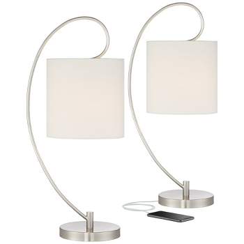 360 Lighting Modern Table Lamps Set of 2 with USB Charging Port 26" High Metal Arc White Drum Shade for Living Room Bedroom Bedside Office